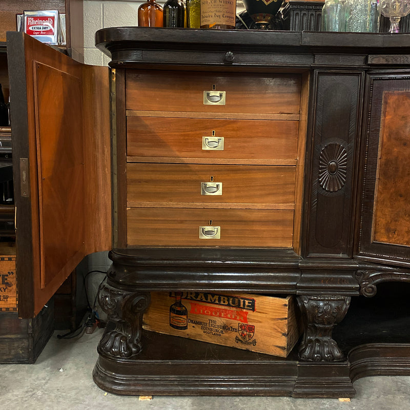 Oak Sideboard Bar with Carved and Raised Box Backsplash with Side Wings