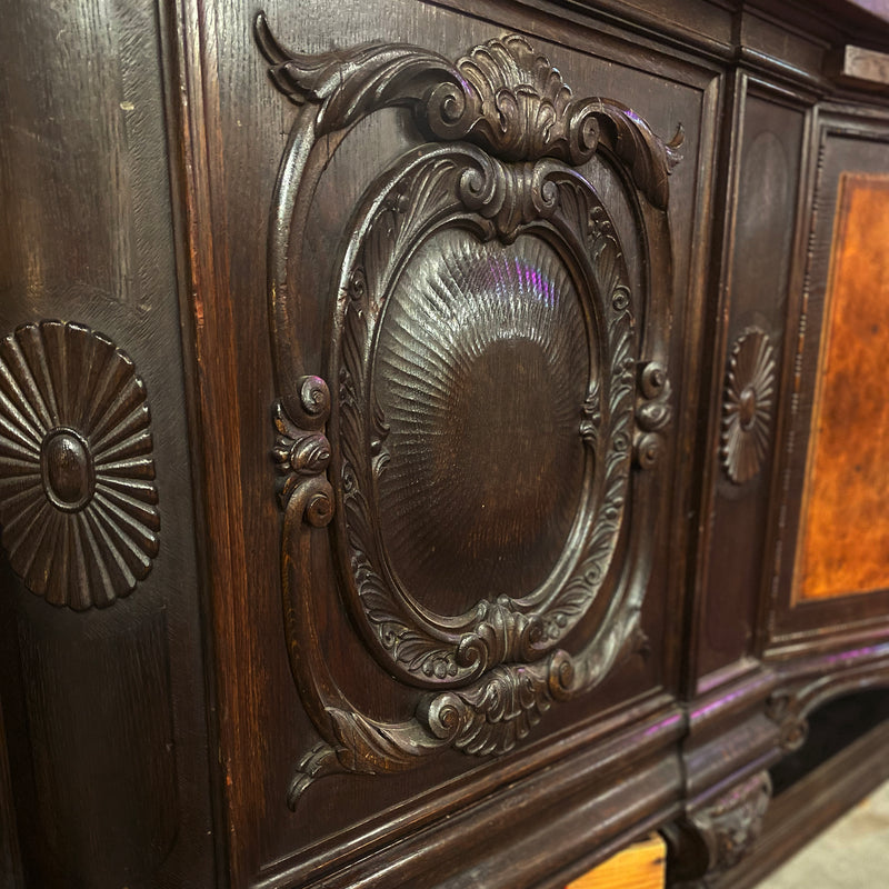 Oak Sideboard Bar with Carved and Raised Box Backsplash with Side Wings