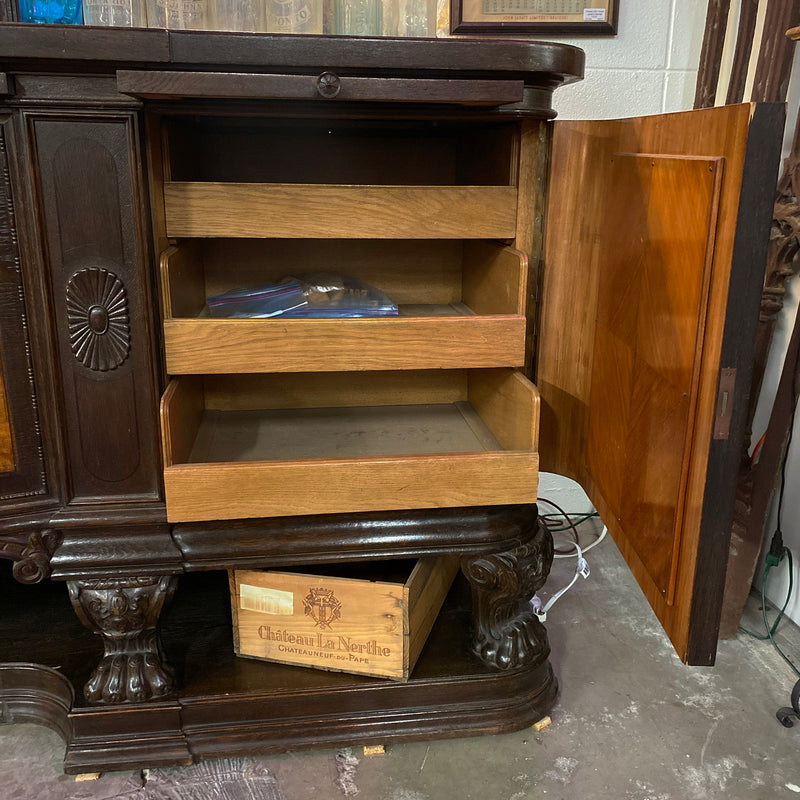 Oak Sideboard Bar with Carved and Raised Box Backsplash with Side Wings