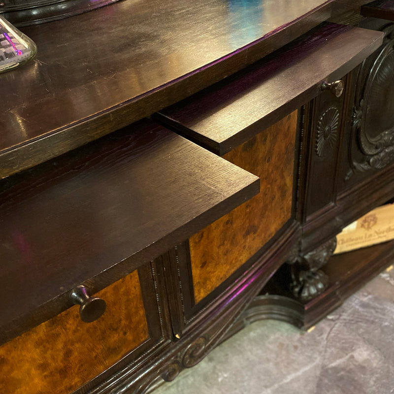 Oak Sideboard Bar with Carved and Raised Box Backsplash with Side Wings