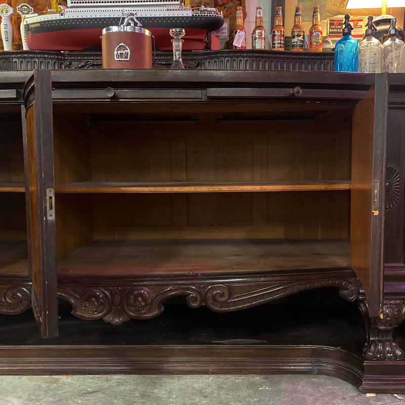 Oak Sideboard Bar with Carved and Raised Box Backsplash with Side Wings