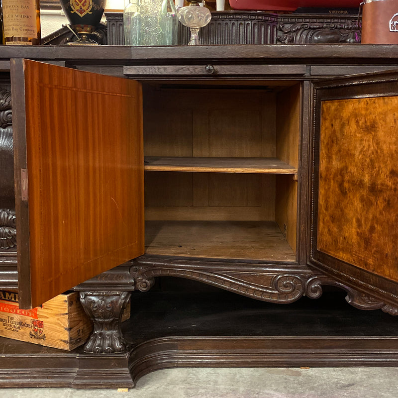 Oak Sideboard Bar with Carved and Raised Box Backsplash with Side Wings