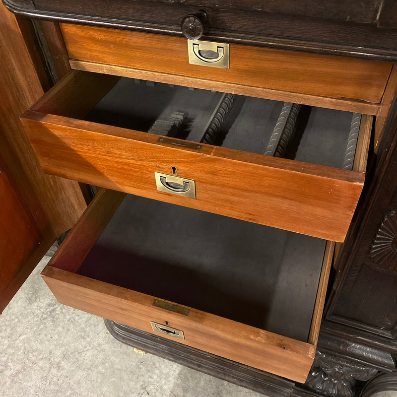 Oak Sideboard Bar with Carved and Raised Box Backsplash with Side Wings