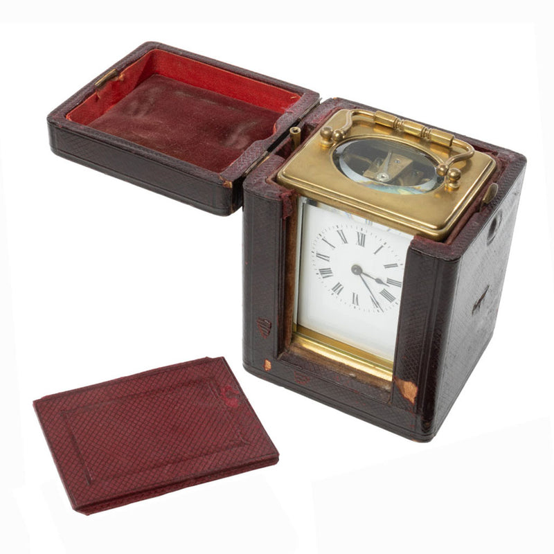 Brass French Carriage Clock with Bevelled Glass and Red Velvet Lined Case (with Key)