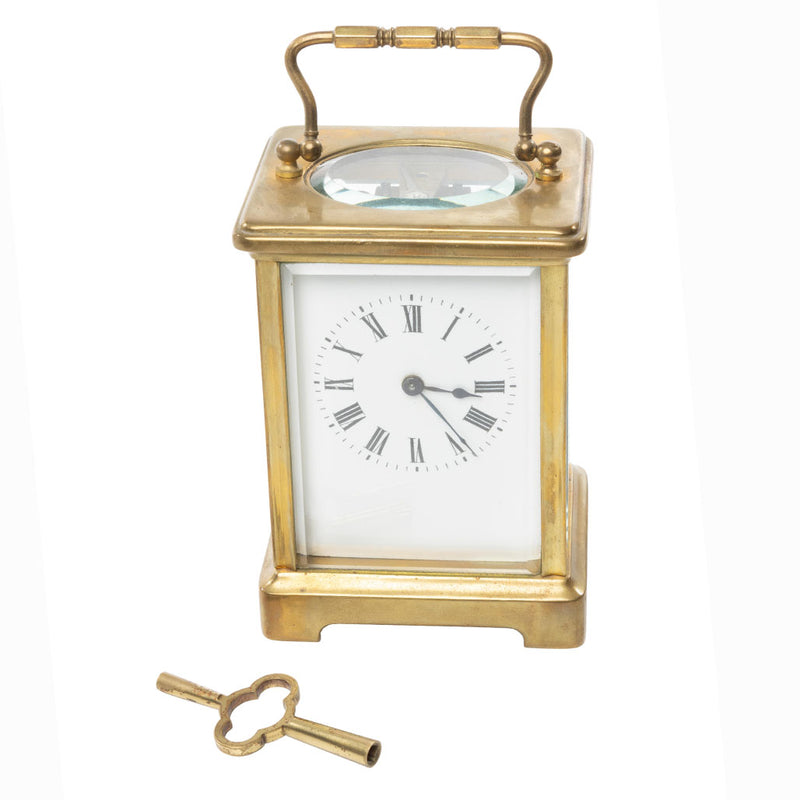 Brass French Carriage Clock with Bevelled Glass and Red Velvet Lined Case (with Key)