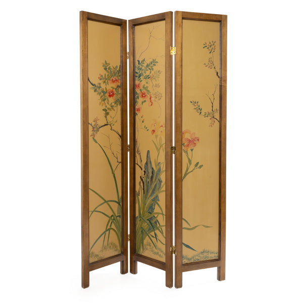 Newer Maple Privacy Screen w/ 3 Solid Floral Painted Recessed Panels