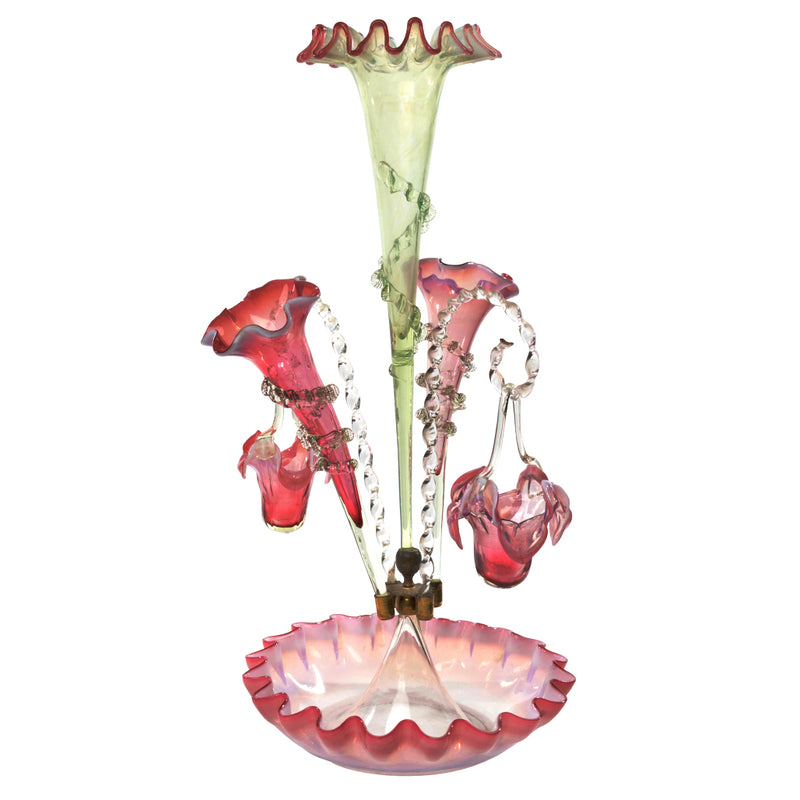 Ornate Victorian Opalescent Cranberry Glass Ruffle Edge Epergne