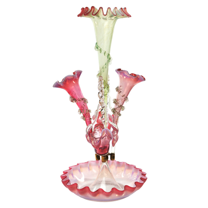 Ornate Victorian Opalescent Cranberry Glass Ruffle Edge Epergne