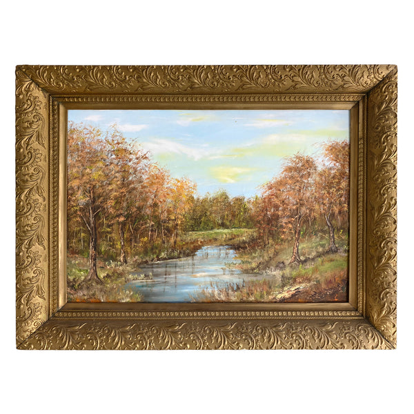 Signed Oil Painting of Pond in Ornate Gilt Wood Frame