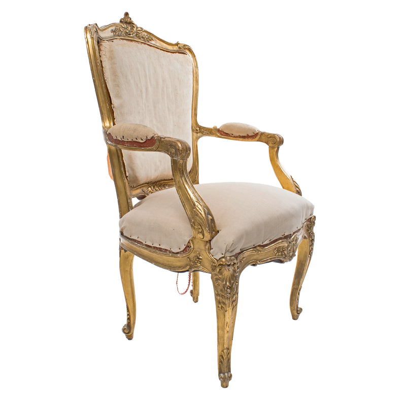 Victorian French Provincial Louis XV Style Gold Gilt Arm Chair