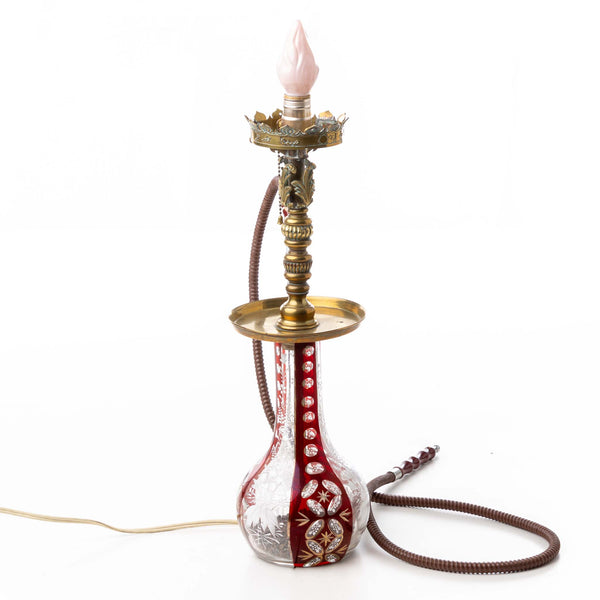 Brass and Cut Glass Hookah Converted Lamp with Frosted Glass Tulip Shade