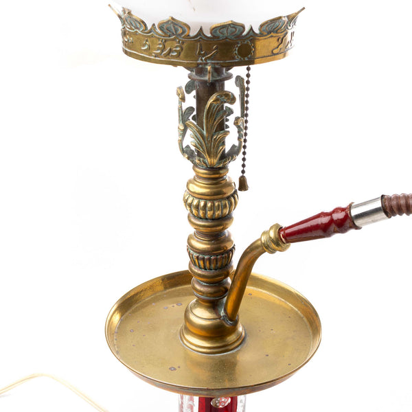 Brass and Cut Glass Hookah Converted Lamp with Frosted Glass Tulip Shade